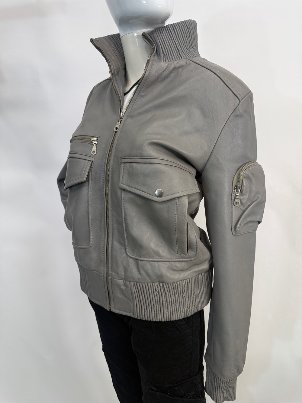 Women's Gray Leather Bomber Jacket with Ribbed Stand Collar
